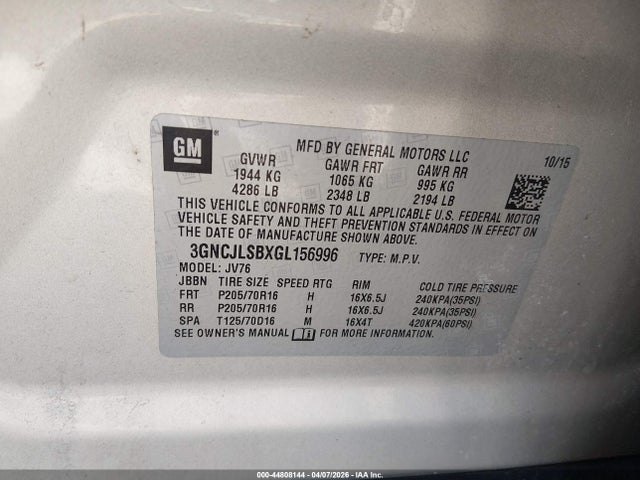 44808144 :رقم المزاد ، 3GNCJLSBXGL156996 vin ، 2016 Chevrolet Trax Lt مزاد بيع