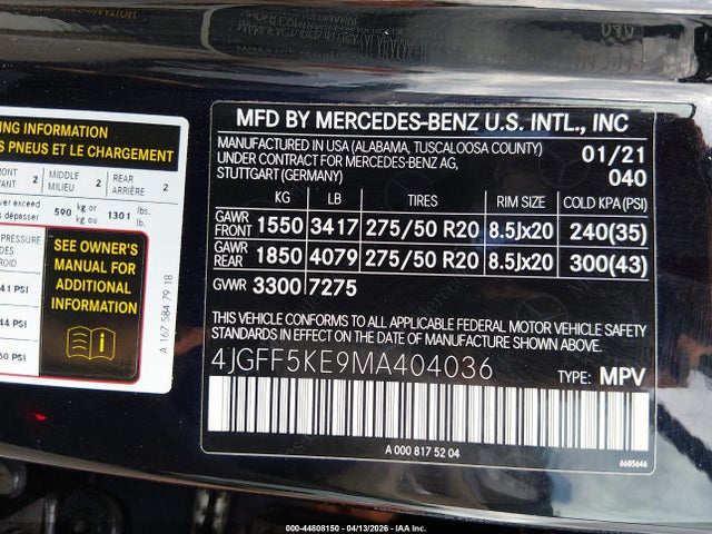 2021 Mercedes-benz Gls 450 4matic მანქანა იყიდება აუქციონზე, vin: 4JGFF5KE9MA404036, აუქციონის ნომერი: 44808150