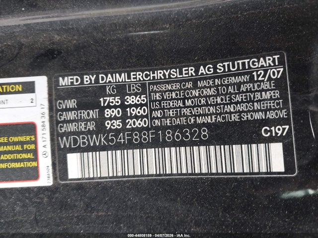 44808159 :رقم المزاد ، WDBWK54F88F186328 vin ، 2008 Mercedes-benz Slk 280 مزاد بيع