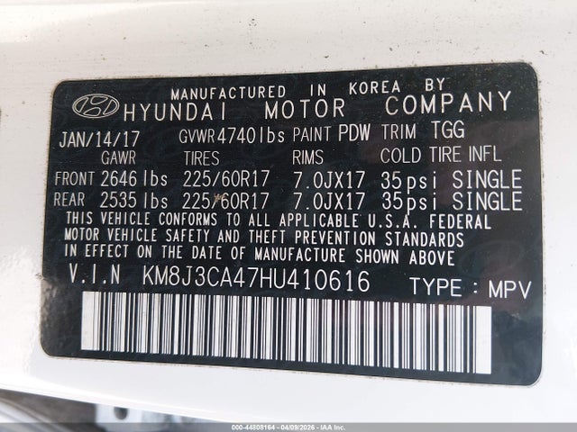 KM8J3CA47HU410616 Hyundai TUCSON SE