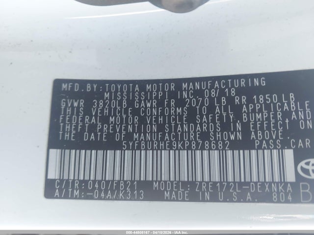 5YFBURHE9KP878682 Toyota COROLLA LE