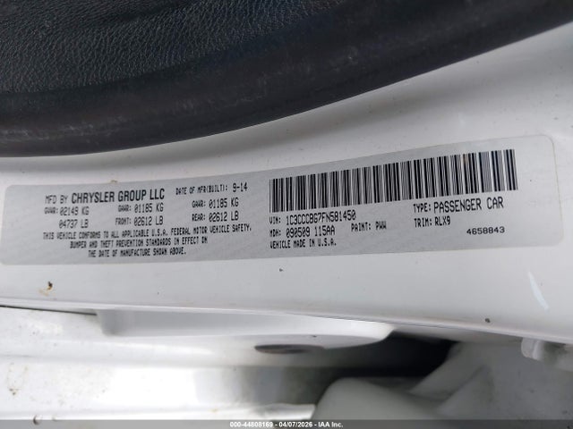 Aukcja sprzedaży 2015 Chrysler 200 S, vin: 1C3CCCBG7FN581450, numer aukcji: 44808169