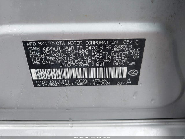 Aukcja sprzedaży 2010 Lexus Is 250, vin: JTHBF5C20A5124631, numer aukcji: 44808186