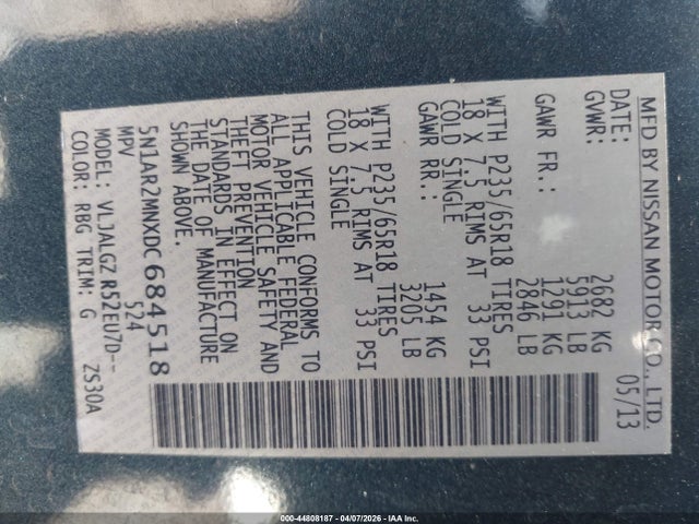 44808187 :رقم المزاد ، 5N1AR2MNXDC684518 vin ، 2013 Nissan Pathfinder Sl مزاد بيع