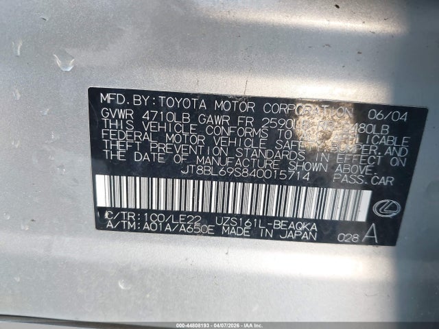Aukcja sprzedaży 2004 Lexus Gs 430, vin: JT8BL69S840015714, numer aukcji: 44808193