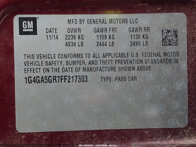 44808202 :رقم المزاد ، 1G4GA5GR7FF217303 vin ، 2015 Buick Lacrosse مزاد بيع