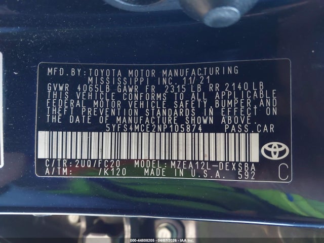 Aukcja sprzedaży 2022 Toyota Corolla Se, vin: 5YFS4MCE2NP105874, numer aukcji: 44808205