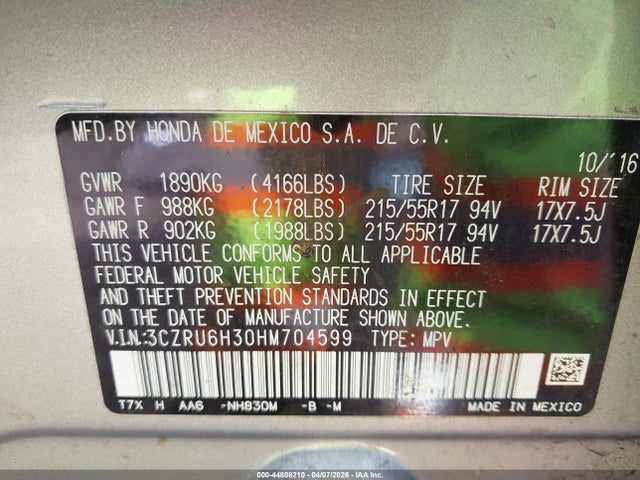 3CZRU6H30HM704599 Honda HR-V LX
