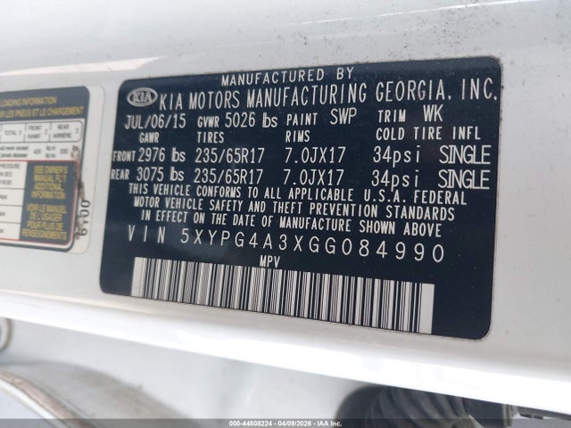 Продаж на аукціоні авто 2016 Kia Sorento 2.4l Lx, vin: 5XYPG4A3XGG084990, номер лоту: 44808224