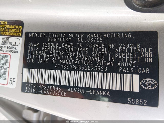Aukcja sprzedaży 2005 Toyota Camry Le, vin: 4T1BE32K65U625623, numer aukcji: 44808226
