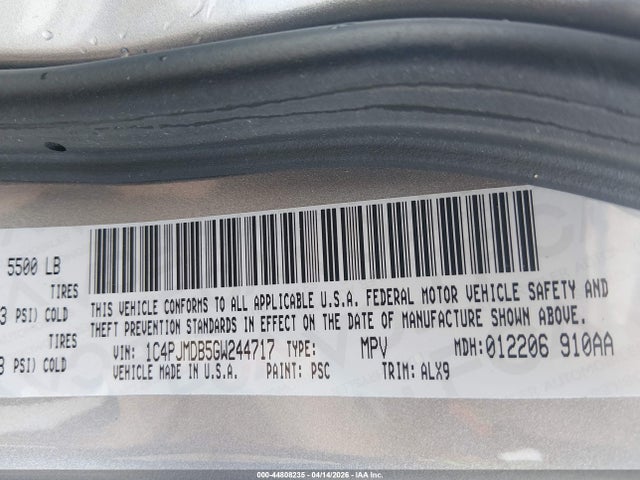 Продажа на аукционе авто 2016 Jeep Cherokee Limited, vin: 1C4PJMDB5GW244717, номер лота: 44808235