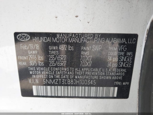 5NMZT3LB8JH100345 Hyundai Santa Fe Sport 2.4l