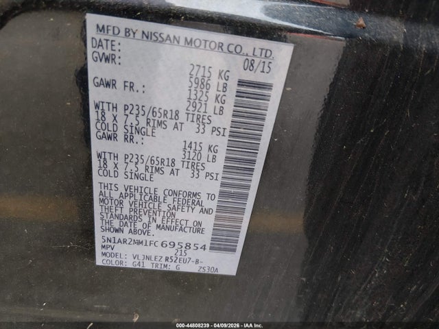 2015 Nissan Pathfinder Sv მანქანა იყიდება აუქციონზე, vin: 5N1AR2MM1FC695854, აუქციონის ნომერი: 44808239