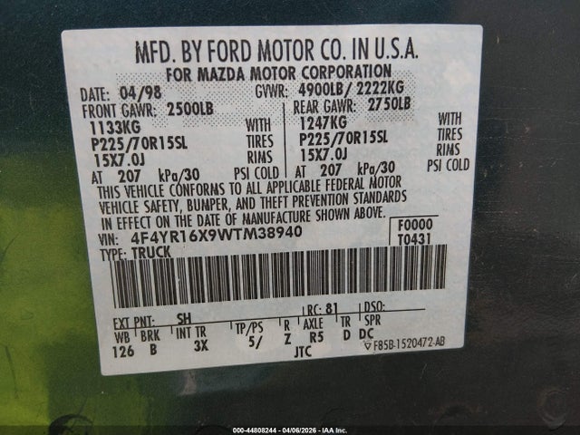 Aukcja sprzedaży 1998 Mazda B4000 Se, vin: 4F4YR16X9WTM38940, numer aukcji: 44808244