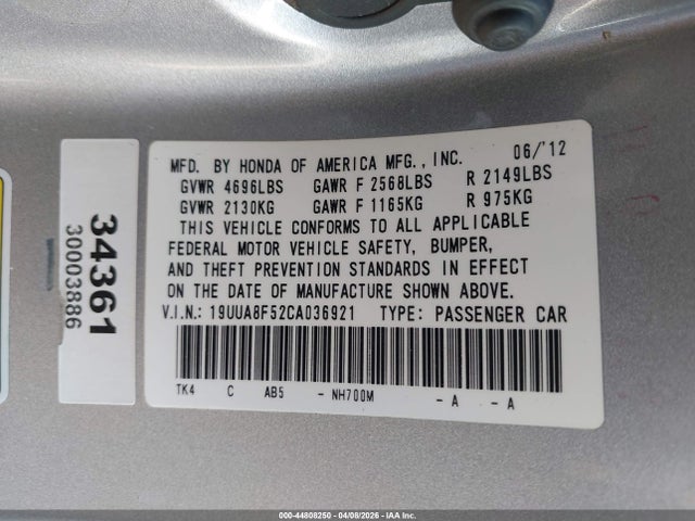 Aukcja sprzedaży 2012 Acura Tl 3.5, vin: 19UUA8F52CA036921, numer aukcji: 44808250