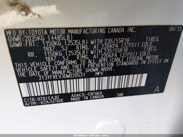 44808258 :رقم المزاد ، 2T3YFREV3DW020531 vin ، 2013 Toyota Rav4 Limited مزاد بيع