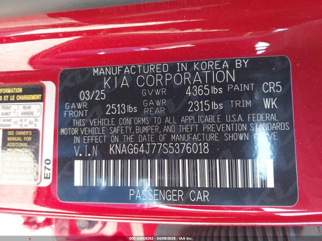 Aukcja sprzedaży 2025 Kia K5 Gt-line, vin: KNAG64J77S5376018, numer aukcji: 44808262