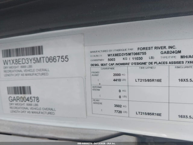 44808274 :رقم المزاد ، W1X8ED3Y5MT066755 vin ، 2021 Mercedes-benz Sprinter 3500xd High Roof V6 مزاد بيع