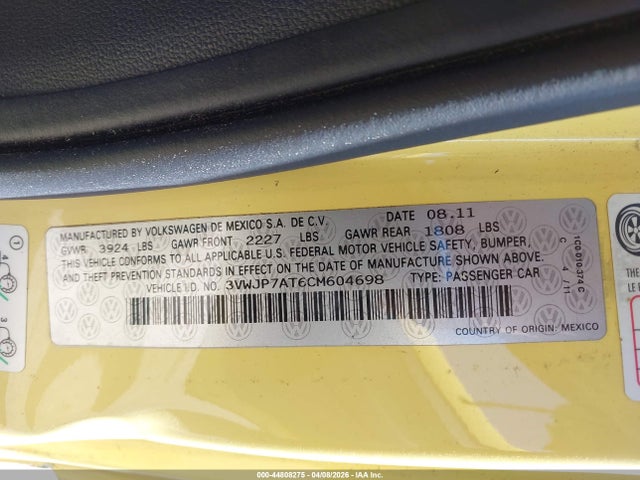 44808275 :رقم المزاد ، 3VWJP7AT6CM604698 vin ، 2012 Volkswagen Beetle 2.5l مزاد بيع