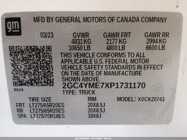 Продажа на аукционе авто 2023 Chevrolet Silverado 2500hd 4wd  Standard Bed Custom, vin: 2GC4YME7XP1731170, номер лота: 44808282