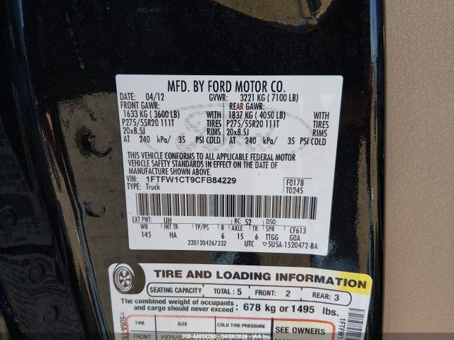 Продаж на аукціоні авто 2012 Ford F-150 Lariat, vin: 1FTFW1CT9CFB84229, номер лоту: 44808290