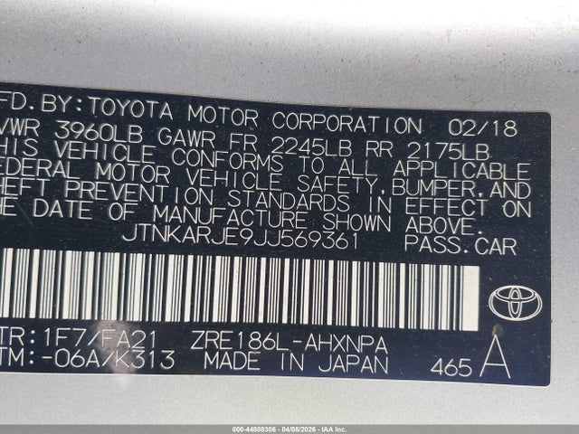 Aukcja sprzedaży 2018 Toyota Corolla Im, vin: JTNKARJE9JJ569361, numer aukcji: 44808306
