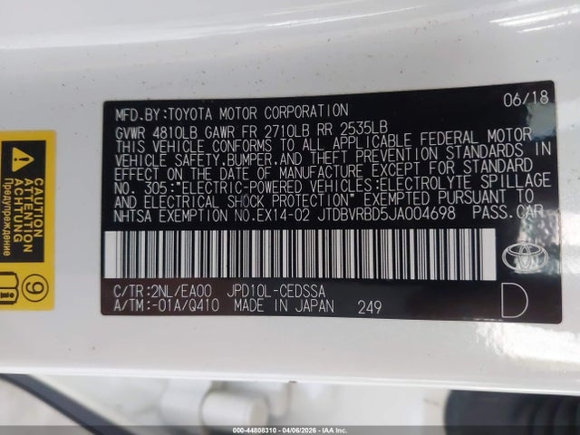 2018 Toyota Mirai მანქანა იყიდება აუქციონზე, vin: JTDBVRBD5JA004698, აუქციონის ნომერი: 44808310