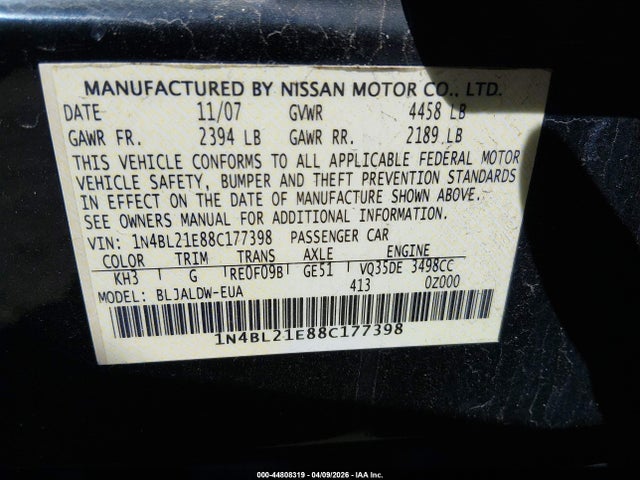 Продажа на аукционе авто 2008 Nissan Altima 3.5 Se, vin: 1N4BL21E88C177398, номер лота: 44808319