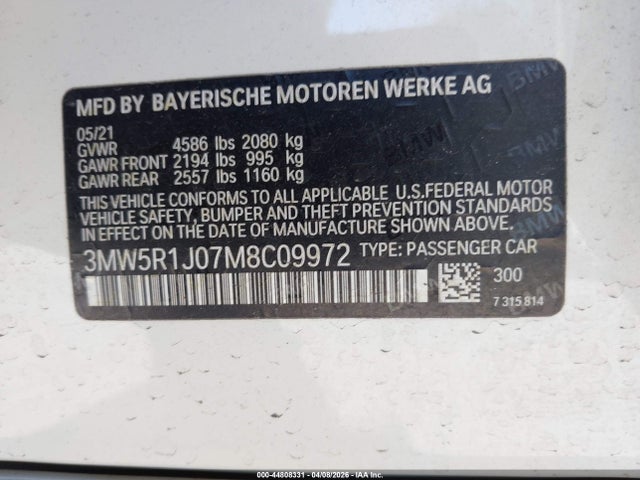 Aukcja sprzedaży 2021 Bmw 330i, vin: 3MW5R1J07M8C09972, numer aukcji: 44808331