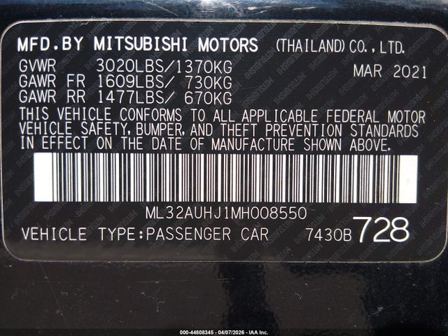 Продаж на аукціоні авто 2021 Mitsubishi Mirage Carbonite Edition/es/le, vin: ML32AUHJ1MH008550, номер лоту: 44808345