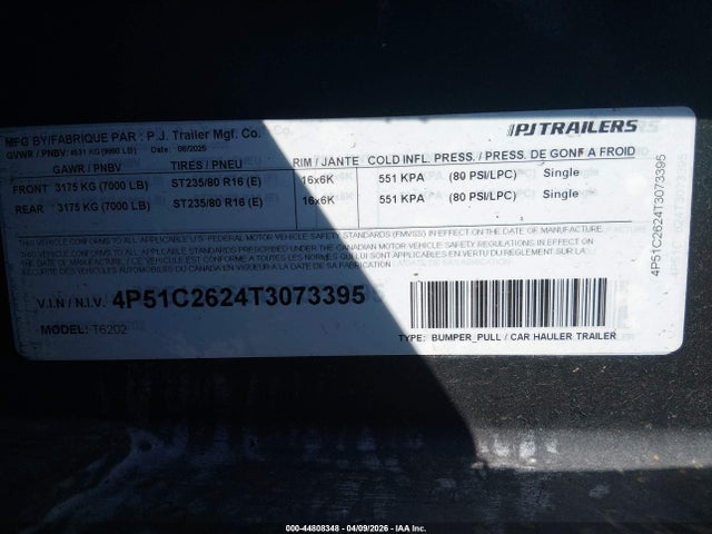 Aukcja sprzedaży 2026 Pj Trailers Unknown, vin: 4P51C2624T3073395, numer aukcji: 44808348