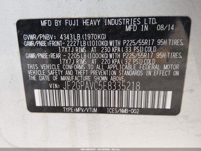 2014 Subaru Xv Crosstrek 2.0i Premium მანქანა იყიდება აუქციონზე, vin: JF2GPAVC5E8335218, აუქციონის ნომერი: 44808351