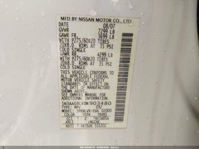 44808370 :رقم المزاد ، 5N3AA08C48N903480 vin ، 2008 Infiniti Qx56 مزاد بيع