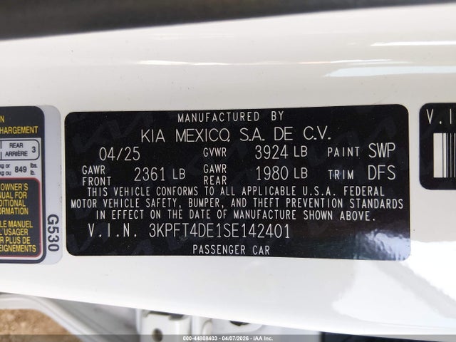 Продажа на аукционе авто 2025 Kia K4 Lx, vin: 3KPFT4DE1SE142401, номер лота: 44808403