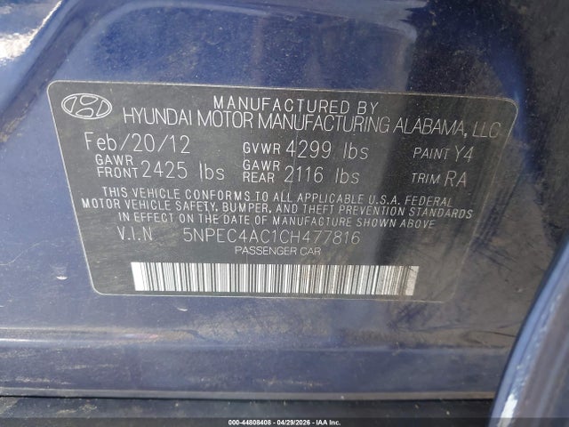 2012 Hyundai Sonata Se მანქანა იყიდება აუქციონზე, vin: 5NPEC4AC1CH477816, აუქციონის ნომერი: 44808408