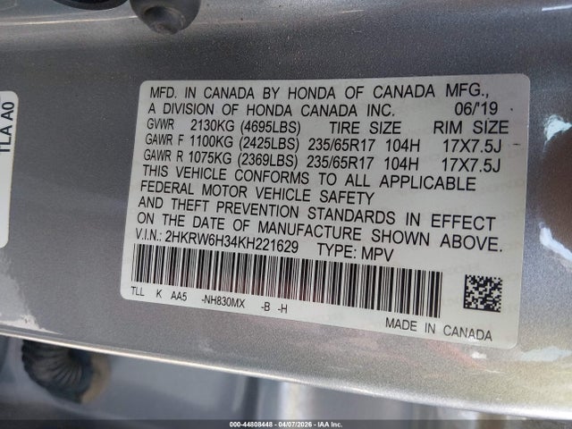 2HKRW6H34KH221629 Honda CR-V LX