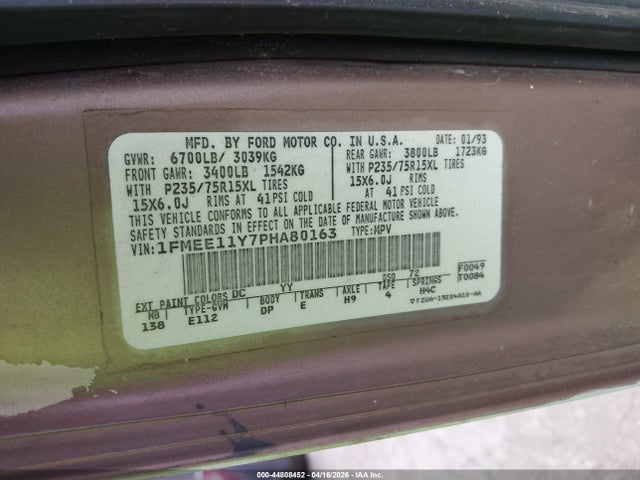 Aukcja sprzedaży 1993 Ford Econoline E150, vin: 1FMEE11Y7PHA80163, numer aukcji: 44808452