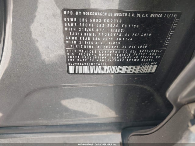44808462 :رقم المزاد ، 3VV2B7AX2LM070769 vin ، 2020 Volkswagen Tiguan 2.0t Se/2.0t Se R-line Black/2.0t Sel مزاد بيع