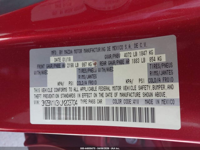 44808470 :رقم المزاد ، 3MZBN1V3XJM203704 vin ، 2018 Mazda Mazda3 Touring مزاد بيع