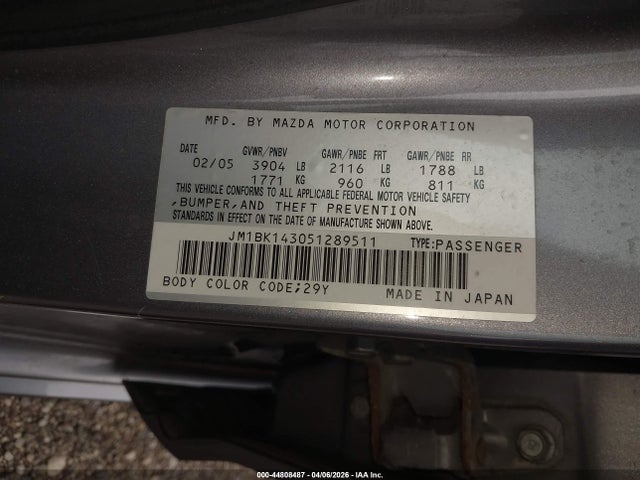 Продажа на аукционе авто 2005 Mazda Mazda3 S, vin: JM1BK143051289511, номер лота: 44808487