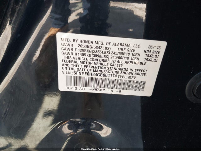 5FNYF6H84GB004174 Honda Pilot Ex-l