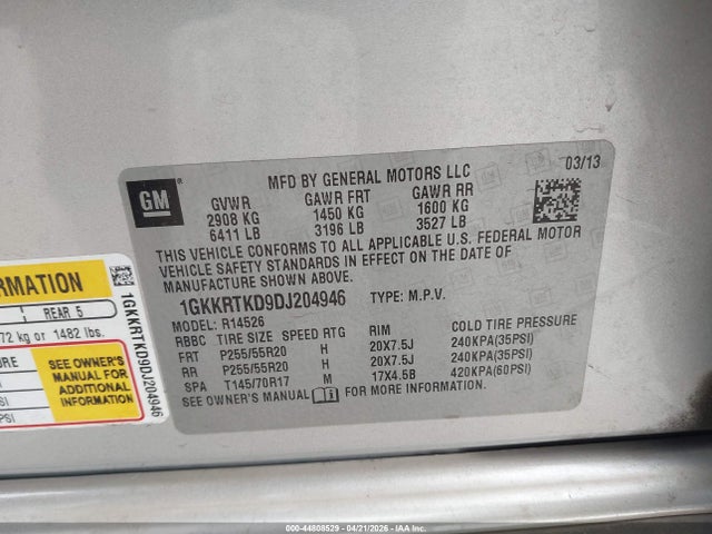 44808529 :رقم المزاد ، 1GKKRTKD9DJ204946 vin ، 2013 Gmc Acadia Denali مزاد بيع