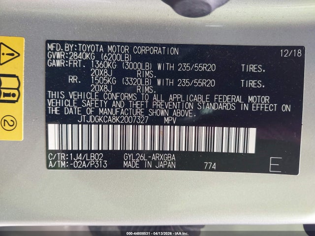 Aukcja sprzedaży 2019 Lexus Rx 450hl Premium, vin: JTJDGKCA8K2007327, numer aukcji: 44808531
