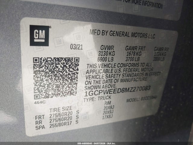 Aukcja sprzedaży 2021 Chevrolet Silverado 1500 2wd  Short Bed Ltz, vin: 1GCPWEED8MZ270083, numer aukcji: 44808540