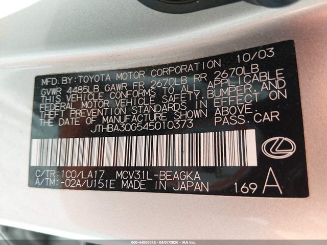 2004 Lexus Es 330 მანქანა იყიდება აუქციონზე, vin: JTHBA30G545010373, აუქციონის ნომერი: 44808546