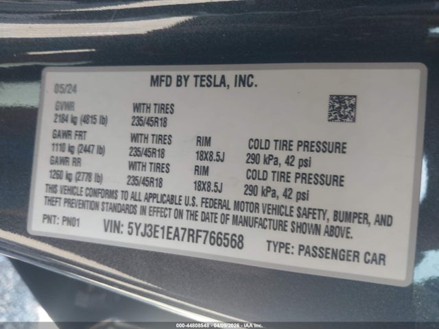Продажа на аукционе авто 2024 Tesla Model 3 Long Range Dual Motor All-wheel Drive/rear-wheel Drive, vin: 5YJ3E1EA7RF766568, номер лота: 44808548