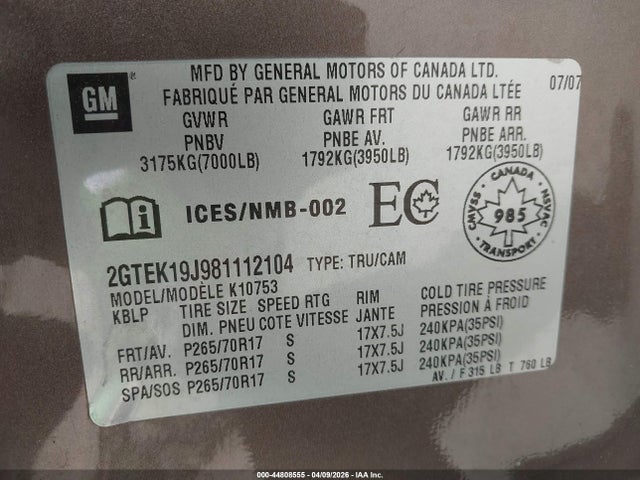 44808555 :رقم المزاد ، 2GTEK19J981112104 vin ، 2008 Gmc Sierra 1500 Sl/sle1/sle2/slt/work Truck مزاد بيع