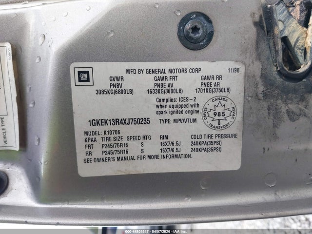 Продаж на аукціоні авто 1999 Gmc Yukon Sle, vin: 1GKEK13R4XJ750235, номер лоту: 44808587