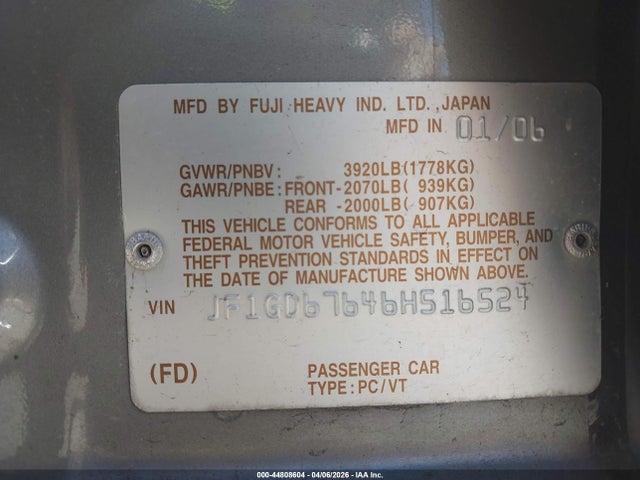 2006 SUBARU IMPREZA JF1GD67646H516524 Photo 8
