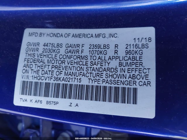 Aukcja sprzedaży 2019 Honda Accord Sport, vin: 1HGCV1F36KA021715, numer aukcji: 44808622